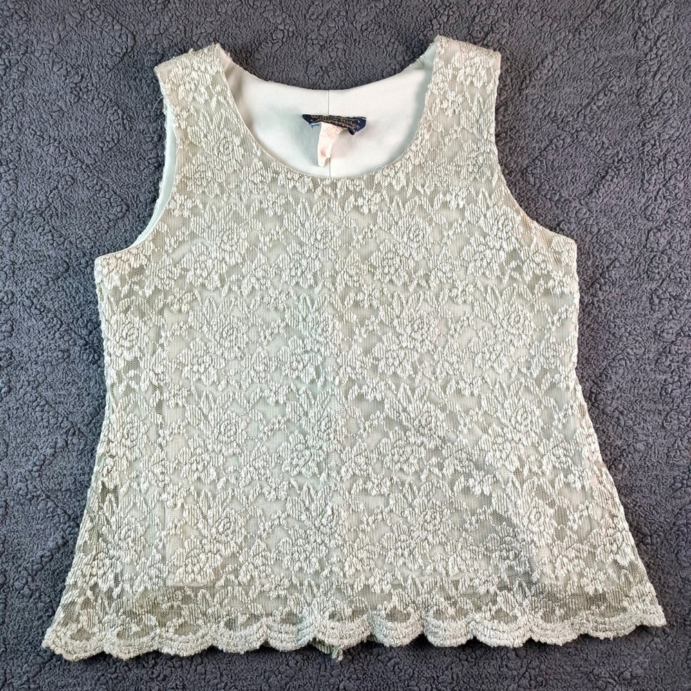 Willow Ridge Size Petite 8P Vintage Sage Green Floral Lace Tank Top Made in USA